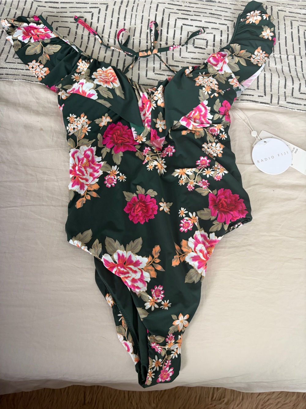 Radio Fiji dark green floral one piece NWT